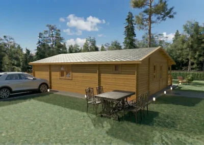 Casa de madera moderna con coche aparcado y terraza - DSAVIA