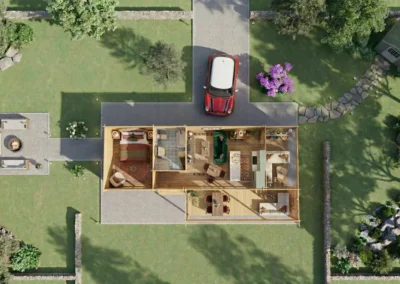 Vista aérea de casa de madera modular con distribución interior y jardín - DSAVIA