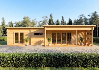 Casa de madera moderna con terraza y porche lateral rodeada de naturaleza - DSAVIA