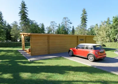 Casa de madera moderna con auto rojo estacionado en jardín - DSAVIA