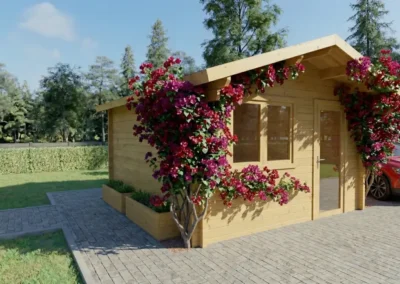 Casa de madera moderna con flores magenta, diseño de DSAVIA