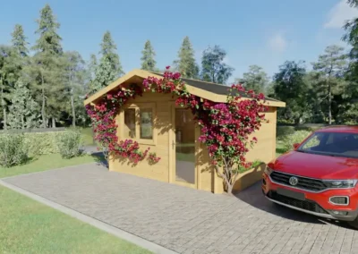 Casa de madera amarilla con flores magenta, porche garaje, rodeada de árboles - DSAVIA