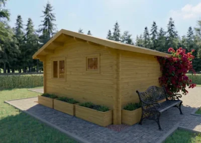 Casa de madera con terraza, banco y enredadera de flores - DSAVIA
