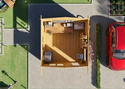 Vista aérea de casita de madera con porche garaje y jardín - DSAVIA