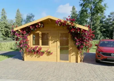 Casa de madera amarilla con flores rojas y porche garaje - DSAVIA