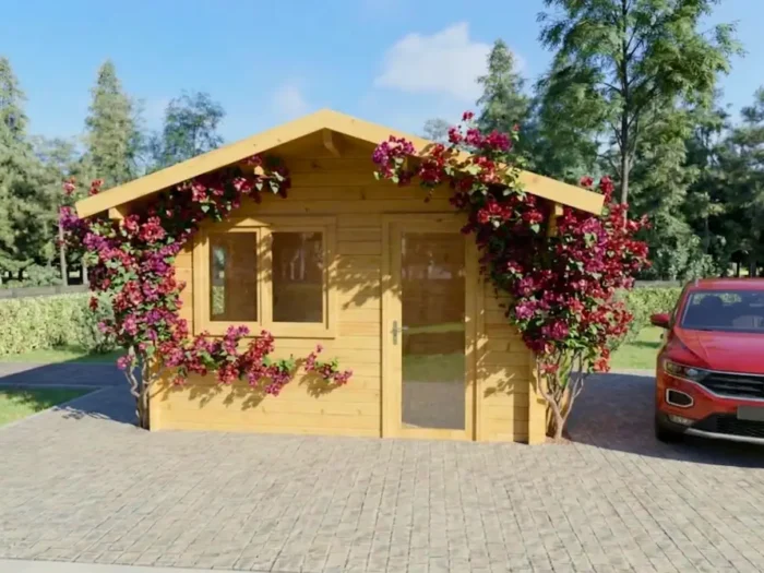 Casa de madera amarilla con flores rojas y porche garaje - DSAVIA