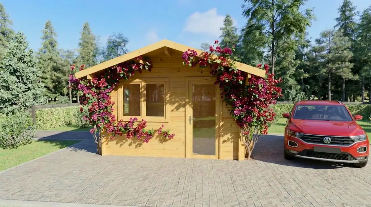 Casa de madera amarilla con flores rojas y porche garaje - DSAVIA