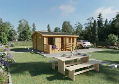Casa de madera moderna con terraza y porche en jardín - DSAVIA