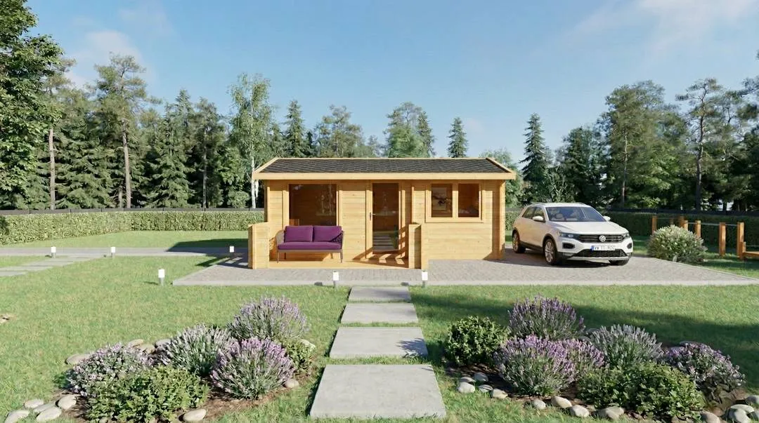 Casa de madera moderna con porche, jardín y garaje - DSAVIA