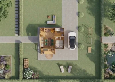 Vista aérea de casa de madera moderna con jardín y garaje - DSAVIA