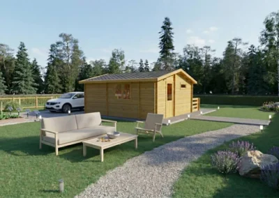 Casa de madera moderna en jardín con terraza y mobiliario exterior - DSAVIA