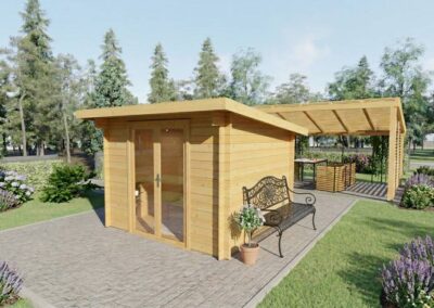 Casa de madera moderna con terraza y porche en jardín - DSAVIA