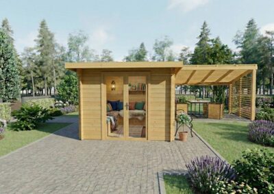 Casa de madera moderna con terraza cubierta y porche en jardín - DSAVIA