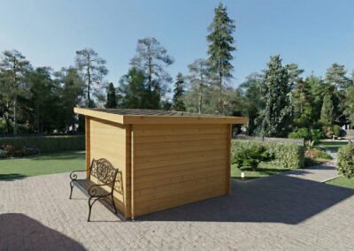 Caseta de madera moderna en jardín con banco y árboles de fondo - DSAVIA