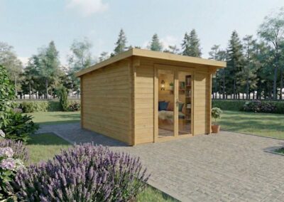 Caseta de madera con puerta acristalada rodeada de lavanda y jardín - DSAVIA