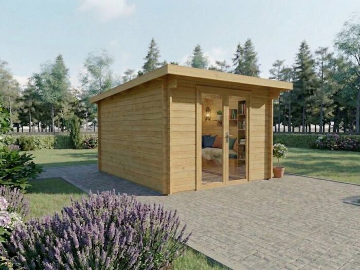 Caseta de madera con puerta acristalada rodeada de lavanda y jardín - DSAVIA