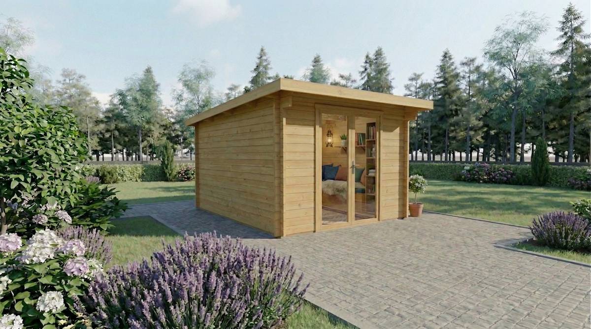 Caseta de madera con puerta acristalada rodeada de lavanda y jardín - DSAVIA