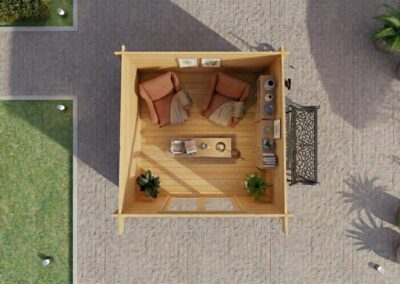 Vista aérea de caseta de madera con interior equipado y jardín - DSAVIA