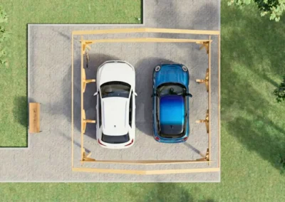 Vista aérea de garaje de madera para dos vehículos con estacionamiento - DSAVIA