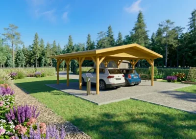 Garaje de madera amarillo con toldo para coche en jardín con flores moradas - DSAVIA