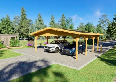 Carport de madera amarillo con dos vehículos en jardín verde - DSAVIA