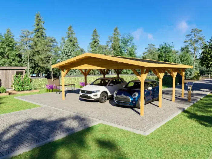 Carport de madera amarillo con dos vehículos en jardín verde - DSAVIA
