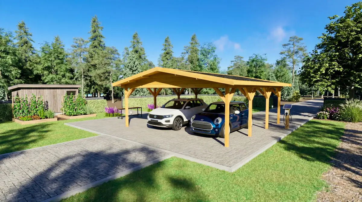 Carport de madera amarillo con dos vehículos en jardín verde - DSAVIA